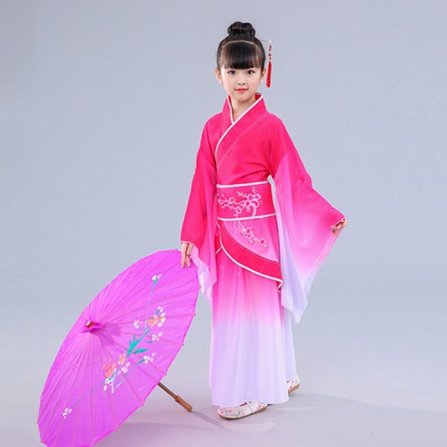 Children Chinese folk dance dresses hanfu royal blue pink ancient traditional yangko fan umbrella stage performance costumes dress
